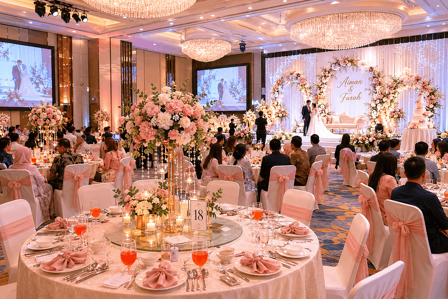 Wedding reception hall with rows of tables set for a large Malaysian wedding